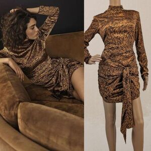 NWT Likely Mini Dress Animal Print Brown Tiger Mock Neck Tie Size 2